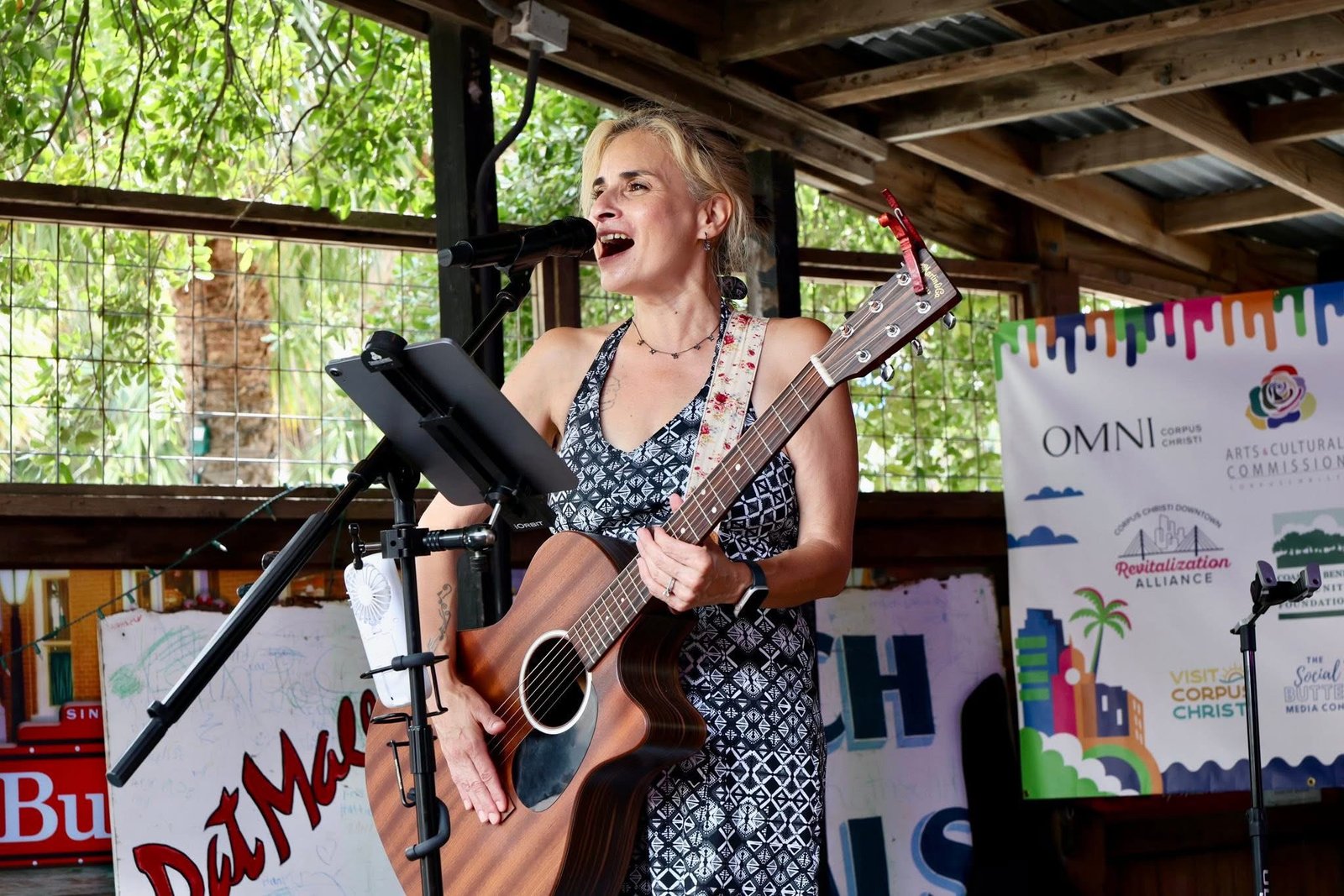 Lisa Sullivan on a stage playing a guitar, looking out into the crowd.